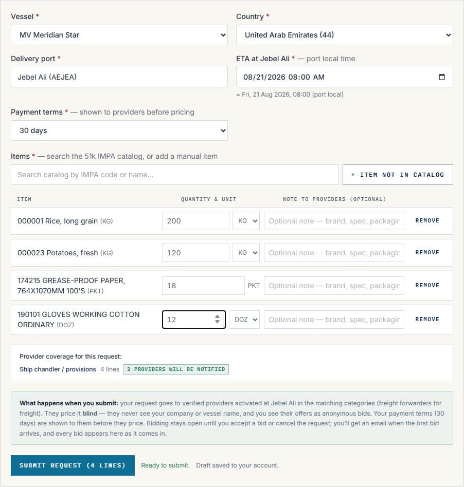 GeoMarineHub requisition builder showing IMPA-coded lines with quantities and units for a call at Jebel Ali, and the number of suppliers who will be notified